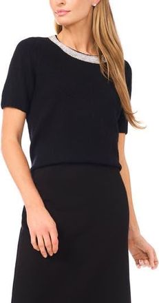 Halogen Rhinestone Collar Short Sleeve Sweater in Rich Black at Nordstrom Rack, Size X-Large P