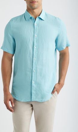 Bugatchi Orson Shaped Fit Short Sleeve Linen Button-Up Shirt in Turquoise at Nordstrom, Size Xxx-Large