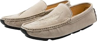 Generic Loafers for Men Genuine Leather Round Toe Leaf Embroidery Perforated Faux Fur Lined Option Lightweight Anti-Slip Flat Heel Flexible Casual Slip-on(Kha