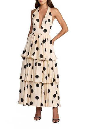 Mac Duggal Halter Neck Polka Dot Ruffle Maxi Dress in Black Ivory at Nordstrom, Size 12