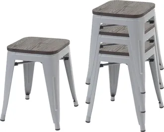 Hhg Hhg - Nunca Usado] Juego De 4 Taburetes 771 Incl. Asiento De Madera, Taburete De Metal Asiento Taburete, Metal Dise&ntilde;o Industrial Apilable, Gris