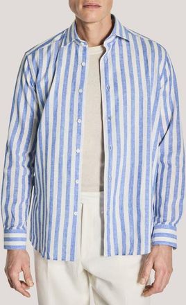 Jack Victor Jacques Linen & Cotton Button-Up Shirt in Blue /White at Nordstrom, Size X-Large