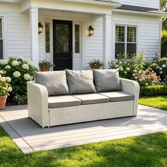 Fimous High Back 3 Seater Rattan Sofa Light Grey Outdoor Furniture &Cushion