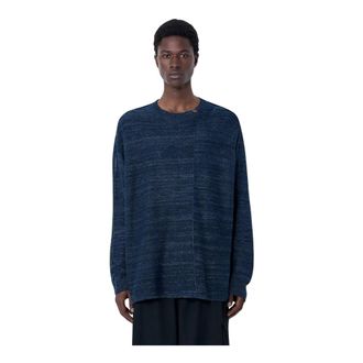 Yohji Yamamoto Round-neck Knitwear, male, Blue, Size: L 7G 2Ply Pallarel Yarn Button Detail Sweater