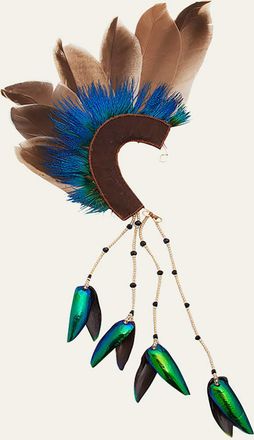 Ranjana Khan Feathered Ear Cuff with Beetle Wing Tassel, Single