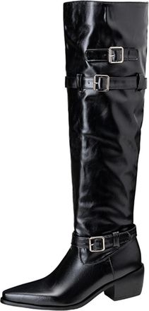 Generic Womens Pointed Toe Leather Knee High Boots Mid Chunky Block Heels Buckle Decor Comfortable Non Slip Durable Stylish For Daily Party Fall Winter,Black,