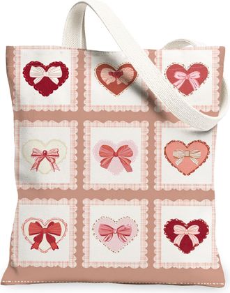 Generic ValentineS Day Heart Canvas Tote Bags, Adorable Bow Pattern Reusable Shopping Bags, Lightweight Washable Shoulder Strap Ca, Peach, 13x15 Inch