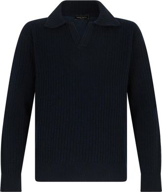 Roberto Collina Tweekleurige Polo Trui van Wol-Cashmere - Heren - V-hals truien - Blauw - S - Wol - Truien & Vesten
