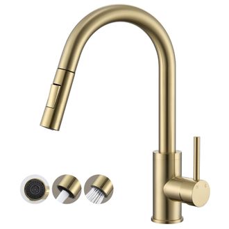 OEM Grifo Mezclador De Cocina Con Ca&ntilde;o Extra&iacute;ble En Acero Inoxidable Dorado Cepillado - Grifo De Cocina Con Ca&ntilde;o Alto Giratorio 360&deg;, Monomando Dorado, In