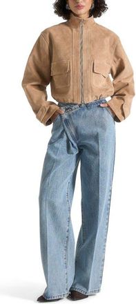Mani&egrave;re De Voir Nawel Suede Contrast Stitch Jacket With Cinched Hem in Beige at Nordstrom, Size 10
