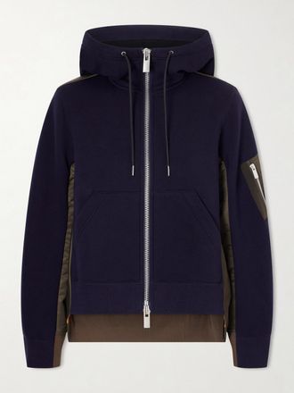 sacai Felpa In Jersey Di Misto Cotone Con Inserti In Shell, Cappuccio E Zip Sponge Sweat - Blu