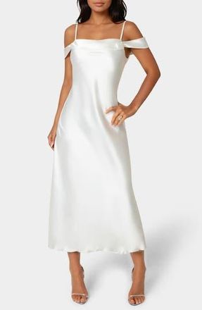 Bebe Drape Shoulder Satin Midi Dress in Ivory at Nordstrom Rack, Size X-Small