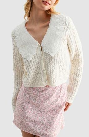 All in Favor Lace Collar Cable Stitch Cardigan in Cream at Nordstrom Rack, Size X-Large