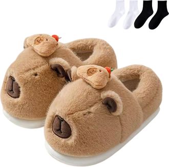 Generic Capybara Slippers for Women Men, Cute Plush Cartoon Slippers, Winter Warm with Non-slip Thick Sole (Khaki-C, One Size, Adult, Women, 9.5, Numeric Rang