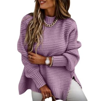 Generic Womens Oversized Chunky Knit Sweaters Long Sleeve Mock Neck, Side Slit Jumper,Comfy Loose Ribbed Knitted (Purple,XXXL)