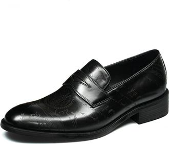 Generic Mens Round Toe Embossed Leather Loafers Slip on Casual Shoes Low Block Heel Office Dress Shoes,Black,5.5 UK