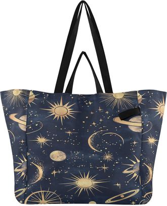 Generic Golden Stars pattern Reusable Canvas Tote Bag, Heavy Duty Grocery Shopping Bag with Hard Bottom Double Handles Large Capacity Work Groceries Travel