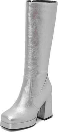 Generic Womens Knee High Boots Platform Block Chunky High Heel Square Toe Side Zipper Dress Pumps for Winter (5.5,Silver)