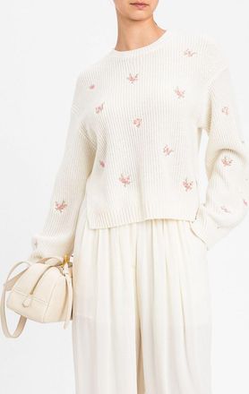 Twinset Maglia girocollo in misto lana con ricamo floreale e spalle scese