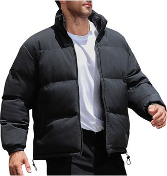Generic Jacket Men Winter Puffer Jackets Long Sleeve No Hood Padded Coats Plain Slim Fit Insulated Jacket Full Zip Stand Collar Smart Coat Windproof Puffy Out