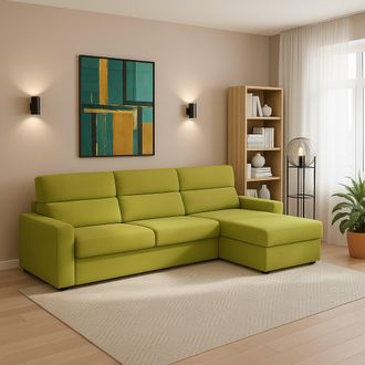 Dmora Sof&aacute; Fijo Con Chaise Longue Vigonovo, Desenfundable, Reversible Made In Italy, Hidr&oacute;fugo Multiposici&oacute;n, 280x160 Cm Verde