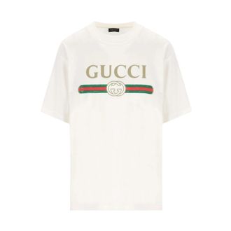 Gucci T-shirt van katoenjersey en zijde met print - Dames - T-shirts - Wit - S - Katoen - Tops