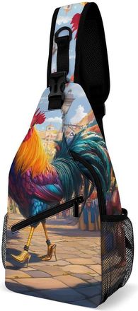 Generic Rooster in High Heels Shopping Mens Crossbody Chest Sling Bag for Travel Hiking Lightweight Shoulder Bags with Small Side