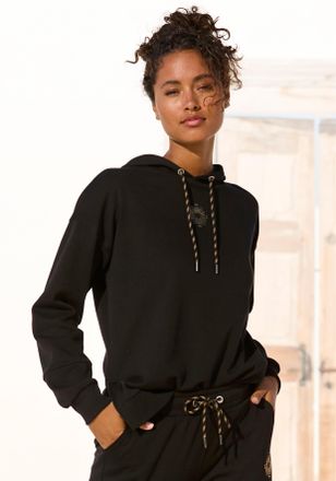 Buffalo Hoodie BUFFALO, Damen, Gr. 32/34, schwarz, Sweatware, Obermaterial: 60% Baumwolle, 40% Polyester, bedruckt, unifarben, loose fit h&uuml;ftbedeckend, Rippb&uuml;