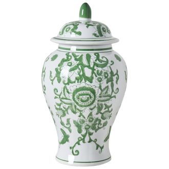 Beliani Jarr&oacute;n Con Tapa Florero Accesorio Decorativo De Porcelana Blanco Y Verde Mondragon