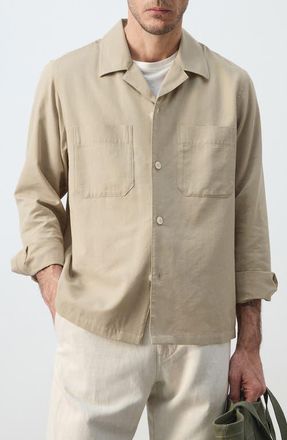 Mango Long Sleeve Cotton Blend Button-Up Shirt in Beige at Nordstrom, Size Medium