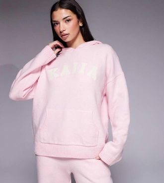 KAIIA Felpa in maglia effetto lana rosa con cappuccio logo ricamato in coordinato