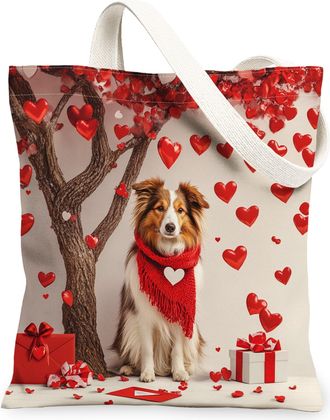 Generic Valentines Day Shetland Sheepdog Dog Canvas Tote Bag for Shopping 13x15, Fun Heart Tree Puppy Reusable Grocery Print Bag for Women, Pet Beach Aestheti