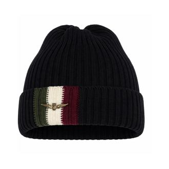 Aeronautica Aeronautica Militare, Beanies, male, Black, Size: ONE SIZE Ribbed Beanie with Tricolour Flag