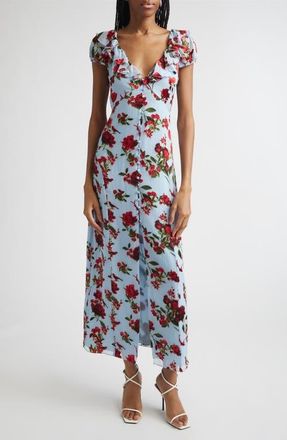 Alice & Olivia Tara Ruffle Tie Back Maxi Dress in American Beauty Carolina Blue at Nordstrom, Size 12