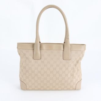 Gucci Beige Leather Canvas Handbag Tote Bag (Pre-Owned)