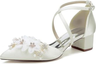 Generic Womens Pointed Toe Wedding Shoes Low Heels Satin Heels Bridal Shoes Prom Party Dress Chunky Heels Shoes 4.5Cm,Ivory,10 UK