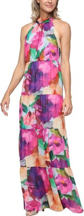 S.L. Fashions Tiered Floral Halter Maxi Dress in Magenta Multi at Nordstrom, Size 14P