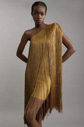 Karen Millen Womens Figure Form Bandage One Shoulder Fringe Mini Knit Dress - Yellow - Size X-Small