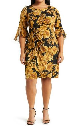 Connected Floral Knit Faux Wrap Dress in Mustard at Nordstrom, Size 16W