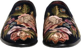 Dolce & Gabbana Mens Black Velvet Floral Embroidery Loafers Shoes Leather