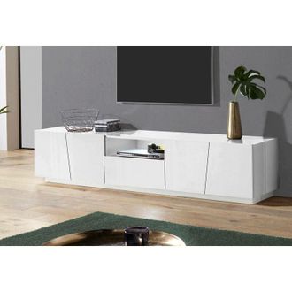 Dmora Dmora - Mueble Para Tv Para Sal&oacute;n, Made In Italy, Mueble Para Tv Con 4 Puertas Y 1 Caj&oacute;n, 220x43h46 Cm, Color Blanco Brillante, Con Luz Led Blanca, Co
