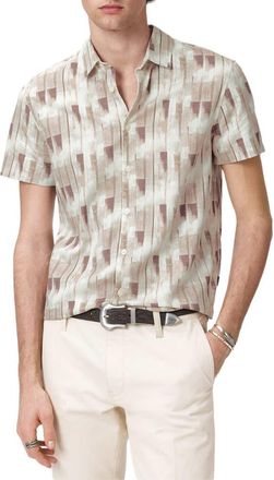 John Varvatos Sean Stripe Cotton Short Sleeve Button-Up Shirt in Light Khaki at Nordstrom, Size Xx-Large