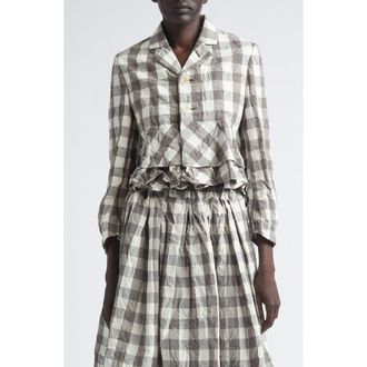 Comme Des Gar&ccedil;ons Gingham Crinkled Cotton & Linen Peplum Jacket in Gray/White at Nordstrom, Size Medium