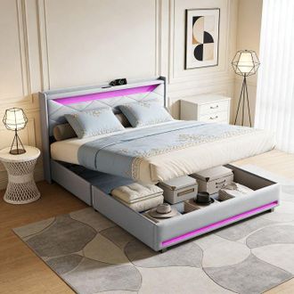 OEM Cama 140x190 Cm Lino Gris - Led Integrada Y Puertos Usb - Escandinavo, Somier Incluido