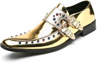 Generic Mens Patent Leather Pointed Double Monk Straps Loafers Rivets Slip-on Non-Slip Waterproof Oxford Formal Business Dress Shoes (Gold,6.5)