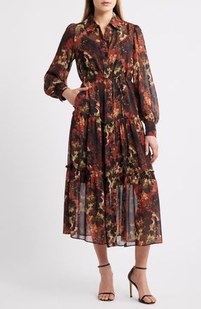 Julia Jordan Floral Long Sleeve Tiered Chiffon Shirtdress in Brown Multi at Nordstrom, Size X-Small