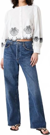 French Connection Cambria Embroidered Long Sleeve Blouse In White/ Navy