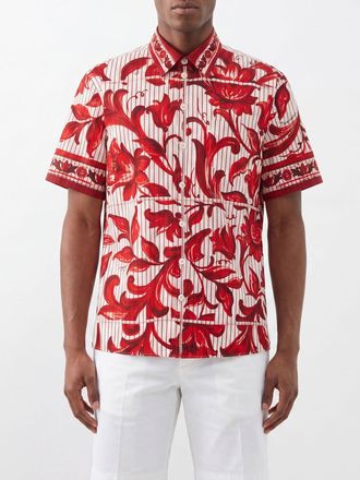 Dolce & Gabbana Camicia bowling in cotone con stampa Maioliche a righe