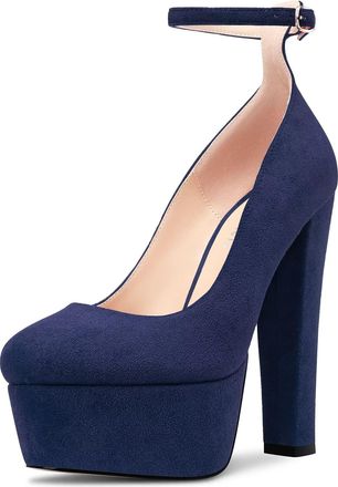 Castamere Women Chunky Block High Platform Heel Round Toe Ankle Strap Pumps Court Shoe Wedding Cute 15 CM Heels Navy Blue 5 UK