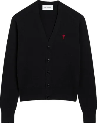 Ami Cropped Black V-Neck Cardigan with Button-Down Front